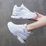 Rarove White PU Leather Chunky Sneakers Women Autumn Winter Platform Vulcanize Shoes Woman Thick Bottom Hidden Heels Sport Shoes