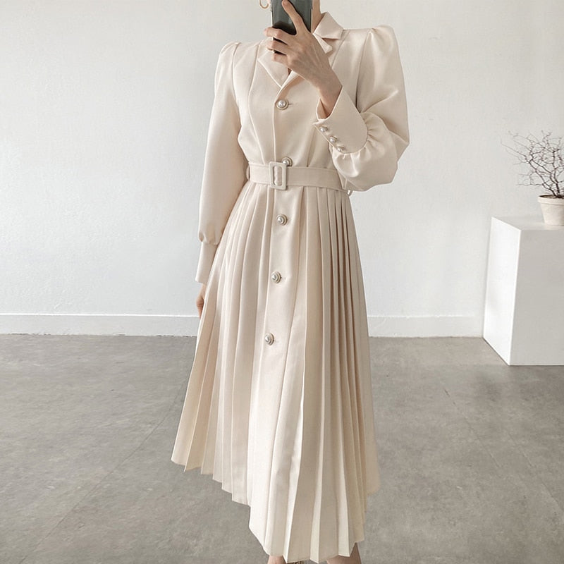 RAROVE Elegant Women Spring Notched Collar Suit  Single-Breasted Office Lady Full Sleeve High Waist Female Pleated Midi Dress