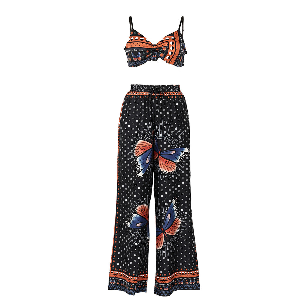Rarove Autumn outfits Two Piece Sets Women 2023 Summer Butterfly Print Pants Set Sleeveless Crop Top + Loose Wide Leg Pants Casual Bohemian 2Pcs Sets