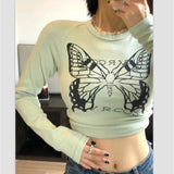 Rarove Retro Butterfly Graphic Print T-shirt Women Long Sleeve Round Neck Crop Tops Grunge Fairy Pullover 2000s Aestheti Tee Shirt
