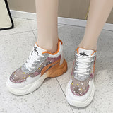 Rarove Mix Color Sequin Platform Sneakers For Women Thick Bottom Hidden Heels Casual Shoes Woman Summer Mesh Breathable Chunky Sneakers