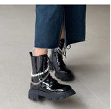 RAROVE Halloween Platform Punk Gothic Chunky Heel Motorycle Ankle Boots For Women Pearl Metal Chain Zipper Cool Street Combat Boots Shoes