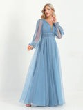 Rarove Elegant Evening Dresses V-Neck Long Sleeve Floor-Length Gown 2023 Women Chiffon A-line Prom Formal  Dress