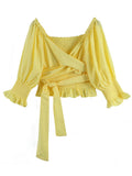 Rarove Summer Women Blouse Yellow Half Sleeves Sashes Cotton Casual Square Collar Ruffles Cute Elastic Ladies Shirt