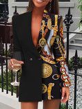Rarove Women Autumn Fashion Chain Print Long Sleeve Blazer Dress Office Lady Work Dress
