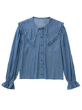 Rarove Summer Women Solid Fashion Blue Denim Shirt Vintage Ruffled Long Sleeve Single-Breasted Lapel Female Short Blouse Chic Top