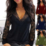 Rarove- Sexy Lace stitching V-neck perspective long sleeved Women Solid Color Casual style Lady Top T-shirt Spring Autumn Clothes