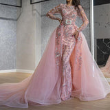 Rarove 2023 Pink Mermaid Formal Gowns Long Sleeves Evening Dress Sparkly Beading Mermaid Prom Dresses with Detachable Train