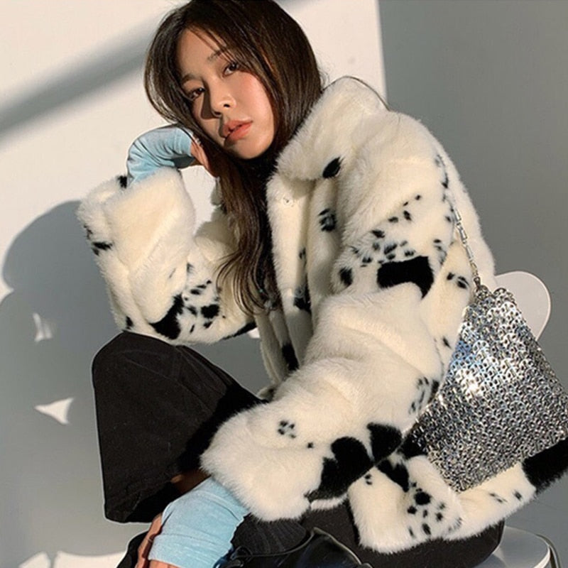 Rarove Black Fridy Black White Cow Pattern Faux Mink Fur Coat Womens Elegant Winter Short Turn-Down Collar Coats Korean Soft Tops Woman