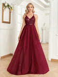 Rarove Women Elegant Red Wedding Prom V-Neck Cocktail Dress 2023 Tulle Sequin Evening Dress Party Long Gown Vestidos