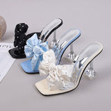 Rarove 2023 Woman Sparkly Bow Heels Fashion Bling Transparent Pointed Toes Sandals Elegant Slingback Crystal Female Party Pumps