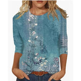 Rarove- Women Ethnic Floral Printed T Shirt Female O Neck Seven-Point Sleeve Blouse Lady Spring Summer Casual Commuter Tops