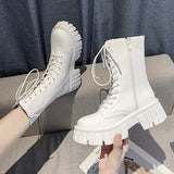 Rarove White PU Leather Ankle Boots For Women Fashion Lace Up Chunky Shoes Woman Autumn Winter Platform Motorcycle Boots