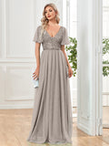 Rarove Elegant Sequins Evening Dress Elegant V-Neck A-line Ruffles Chiffon Robe Short Sleeves Formal Wedding Party Dresses