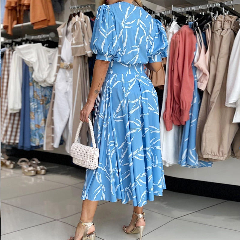Rarove Women Summer Midi Dress Leaf Print Puff Short Sleeve Tie V Neck Design Casual Style Long Skirt