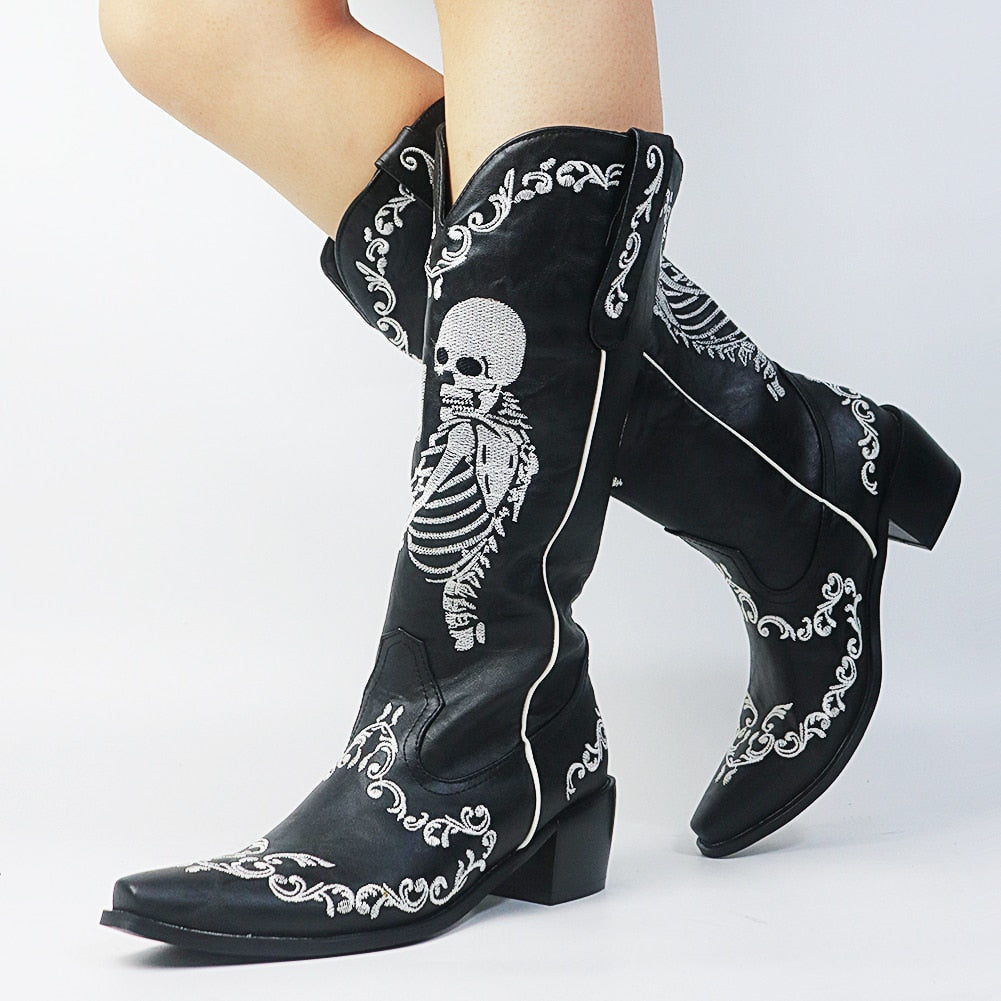 RAROVE Halloween Women Skull Skeleton Selfie Cowboy Western Mid Calf Boots Pointed Toe Slip-On Stacked Heel Goth Punk Autumn Shoes Brand Designer