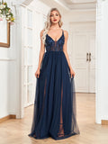 Rarove Elegant Sexy Deep V Neck Navy Tulle Evening Dress Backless Chiffon Party Maxi Dress 2023 Women Dress Long Prom Dress