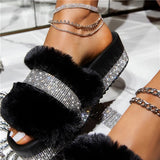 Rarove Back to School Designer Women Fur Rhinestone Slippers Platform Wedges Heel Solid Fluffy Furry Slides Outside Sexy Shoes Ladies Sapatos De Mujer