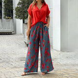 Rarove Women Two Piece Set Solid Color Short Sleeve Button Top Drawstring Print Wide Leg Pants High Streetwear
