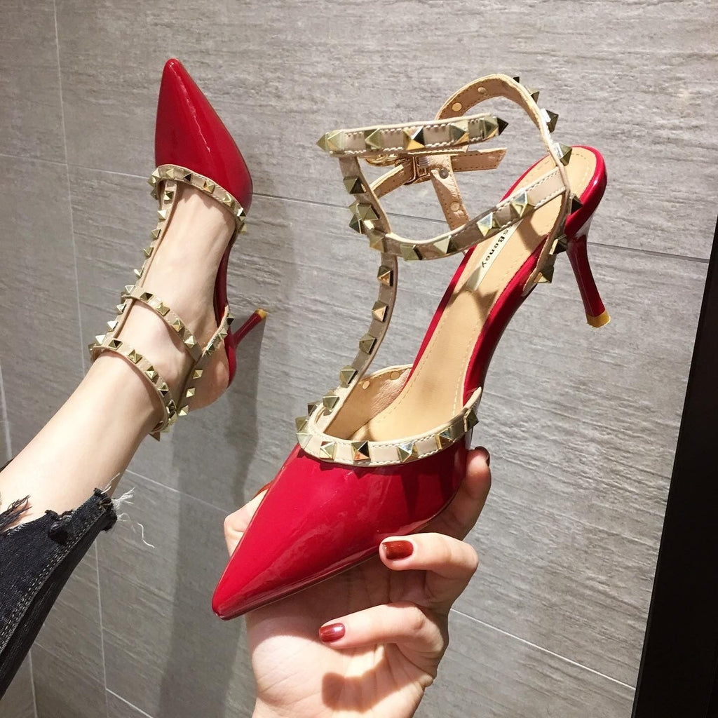 Rarove 2022 Ankle Prom Zapatillas Rivet High Heeled Shoes Women's Thin Heel 2022 Spring New Pointed Versatile Net Red Sexy Women's