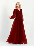 Rarove Elegant Evening Dresses V-Neck Long Sleeve Floor-Length Gown 2023 Women Chiffon A-line Prom Formal  Dress