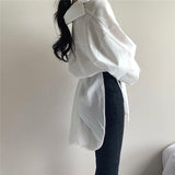 Rarove Thanksgiving 2023 Spring Long Sleeve V-Neck Cardigan Button Up Shirt Casual Lace-Up White Blouse Irregular Korean Style White Tops For Women