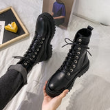 Rarove Back to school White Black PU Leather Ankle Boots Women Autumn Winter Round Toe Lace Up Shoes Woman Fashion Motorcycle Platform Botas