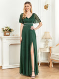 Rarove Elegant Evening Dresses Floor Lenght V-Neck Green Chiffon Split Short Sleeves Bridesmaid Party Long Wome Prom Dress
