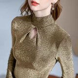 Rarove Black Fridy Golden Hollow Out Women's Blouse Fashion Slim Fit Turtleneck Bottom Blouses Female Elegant Long Sleeve Shirts Tops 2022