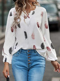 Rarove- Feather Print Blouse Women Long Sleeve V-Neck T Shirt Ol Lady Spring Autumn Loose Casual  Tops Fashion Clothing