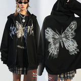 RAROVE Hip Hop Oversize Women Hoodies Autumn Streetwear Butterfly Print Black Sweatshirt Harajuku Zip Up Goth Punk Female Jacket Hoodie