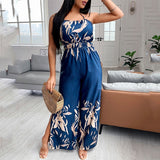 Rarove Back to School Women Fashion Elegant Sleeveless Partywear Jumpsuits Overalls Formal Party Romper Print Halter Slit Wide-Legs Party Jumpsuit