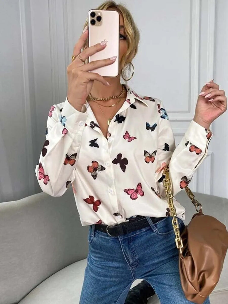 Rarove- Autumn Butterfly Shirt Women Button V-Neck Long Sleeves Female Stylish Lapel Blouses OL Slim Fit Tops