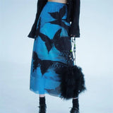 Rarove Retro High Waist Blue Skirts Women Summer Loose Black Butterfly Print Gothic Skirt Y2k Faldas Mujer Moda 2023 Saia