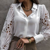 Rarove White Lace Hollow Out Women Blouse Spring Black Vintage Button Up Shirts Top Long Sleeve Mesh Design Tops Femme