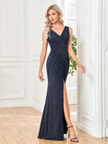Rarove 2023 Women Sexy Shining V-neck Wedding Party Sleeveless Slit Maxi Dress Formal Cocktail Blue Prom Evening Dress