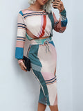 Rarove Fashion Women Two Piece Set Long Sleeve Striped Cropped Top & Drawstring Midi Skirt Set