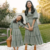 Rarove Mother and Daughter Clothes Plaid Print Long Skirt Square Neck Balloon Sleeve Ruffled Pleated Dress Mommy and Me Family Look