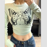 Rarove Retro Butterfly Graphic Print T-shirt Women Long Sleeve Round Neck Crop Tops Grunge Fairy Pullover 2000s Aestheti Tee Shirt
