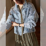 Rarove 2023 Spring Autumn Denim Jacket Women Fashion Sequin Short Lapel Jean Coats Woman Casual  Full Sleeve Loose Button Coat