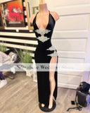 Rarove Sexy Black Dress for African V Neck Slit Beads Crystal Prom Dresses Mermaid Red Carpet Evening Party Gowns