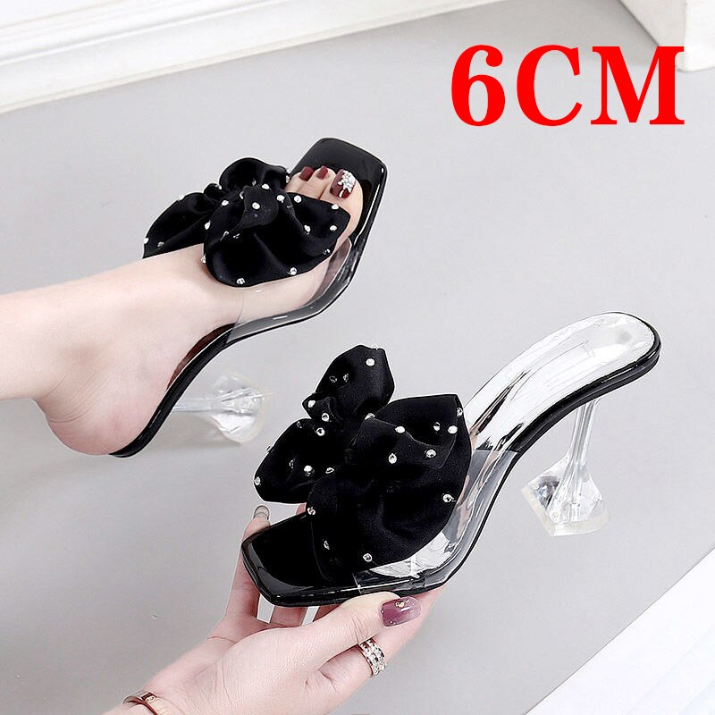 Rarove Woman Sparkly Bow Heels Fashion Bling Transparent Pointed Toes Sandals Elegant Slingback Crystal Female Party Pumps