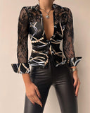 Rarove Women Chain Print Contrast Lace Button Down Satin Shirt Tops Long Sleeve Mock Neck Skinny Blouse