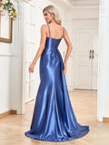 Rarove Luxury Sexy Evening Celebrity Dresses Ruched Side Slit Straps Ribbons Backless Long Satin Party Cocktail Gowns