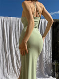 Rarove Elegant Summer Straps Sexy Midi Dress Outfits For Women Sleeveless Backless Slit Sundresses Gown Vestido Solid