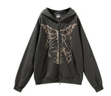 Rarove Y2K Gothic Skeleton Print Hoodie Women Harajuku Hip Hop Oversized Zipper Jacket Autumn Winter Vintage Loose Hooded Sweatshirts