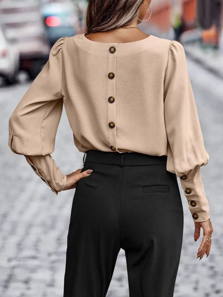 Rarove- Chic New Lantern Sleeve Button O Neck Shirts Women Solid Color Blouse Autumn Spring Lady OL Tops