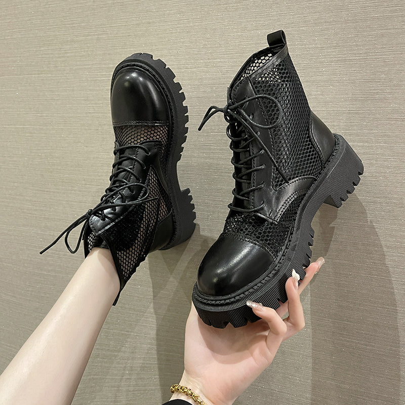 Rarove Breathable Mesh Summer Ankle Boots Women Lace Up Non Slip Motorcycle Shoes Woman Fashion Black Platform Cool Botines Mujer 2022