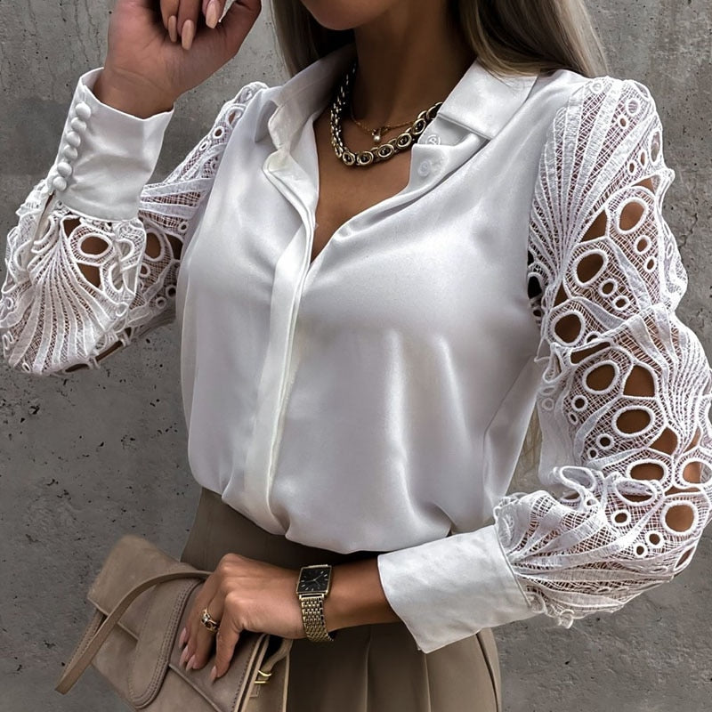 Rarove White Lace Hollow Out Women Blouse Spring Black Vintage Button Up Shirts Top Long Sleeve Mesh Design Tops Femme