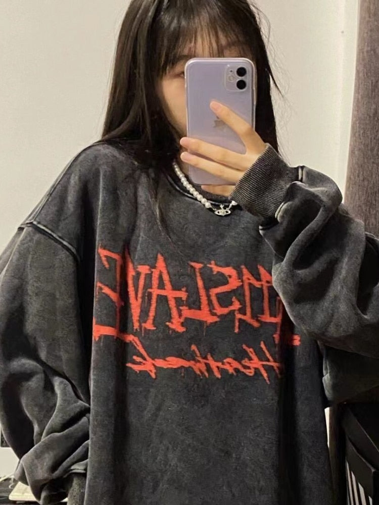 RAROVE Emo Gothic Print Oversized Sweatshirts Women Harajuku Vintage Loose Hoodies Long Sleeve Crewneck Pullovers Female Tops